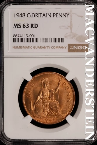 Great Britain: 1948 One Penny - NGC MS 63 RD - Brilliant Uncirculated  #SLi353