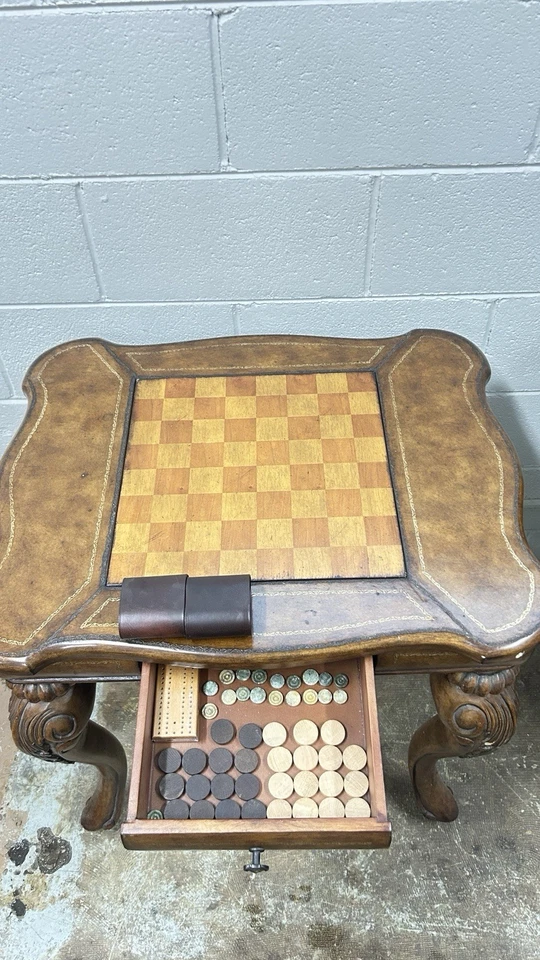 Vintage Wooden Antique Chess and Checkers Table Set with Chess Pieces and Board - Image 3 of 4