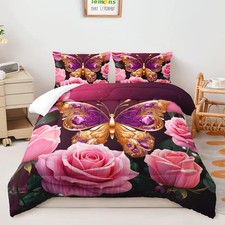 Purple Gold Butterfly Twin Size Bedding Set for Girls ,Pink Rose Flower Duvet...