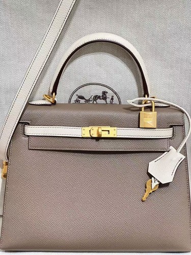 AUTH Hermès Kelly 25 Etoupe & Craie Bicolor Epsom Leather GHW Top Handle Bag