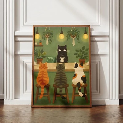 Vintage Black Cat Cafe Poster Funny Kittens Drinking Coffee Kitchen Wall Art