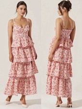 ASTR The Label Midsummer Eyelet Tiered Floral Maxi Dress Pink S