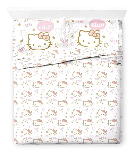 Hello Kitty Set Lenzuola Queen Size - Super Morbido 4 Pezzi Stelle e Cuori Biancheria da Letto... - Foto 1 di 7