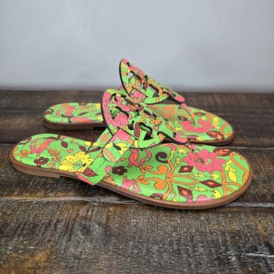 Tory Burch Miller Womens Size Logo Sandals Flip Flops Green Splash  Floral