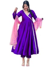 GoSriKi Women's Rayon Blend Anarkali Solid Kurta with Pant  Dupatta