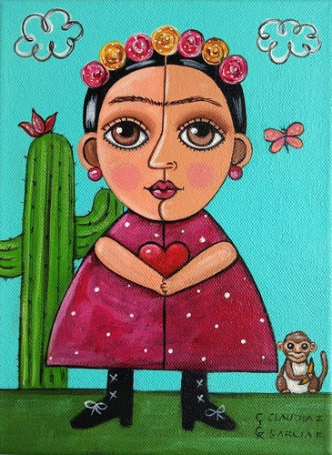 Original Folk Art. FRIDA KAHLO WITH HEART. 7"x9 1/4". Original Stretched Canvas