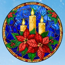 Christmas Candles & Poinsett Faux Stained Glass WINDOW CLING Size 8" Round Vinyl