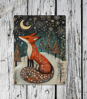 Winter Fox Snow Starry Night  Holiday Metal Wall Art Sign Home Decor 12x16 Large