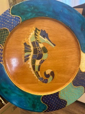 Signed Bibi Leon Hand Crafted Painted Round Wood Serving Charger Plate or Tray