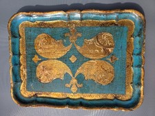 Ancien Plateau Florentin Bois Doré Bleu Turquoise Vintage Italie Fleur De Lys