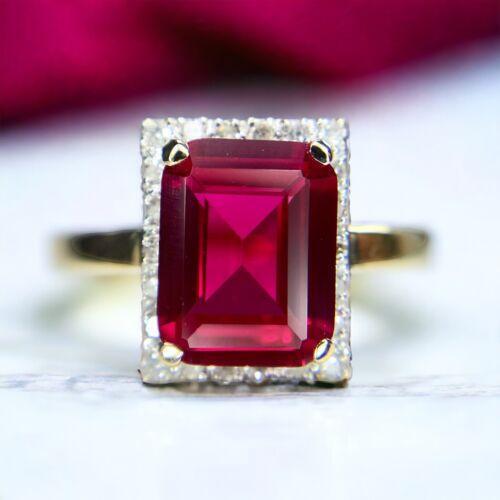 Vintage 14k Yellow Gold Emerald Cut Red Ruby Round Diamond Cocktail Ring - Picture 1 of 9