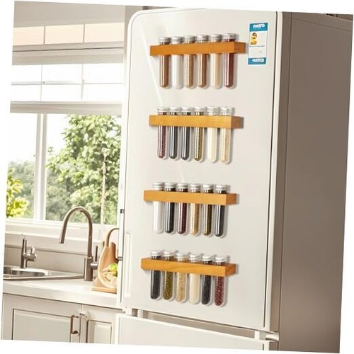 Spice Rack Magnetic For Fridge, 4-Pack Wooden Spice Rack Shelf Set Brown-4P