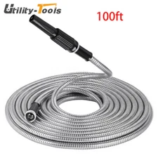 100ft 304 Stainless Steel Garden Hose Metal Heavy Duty Water Hoses Yard