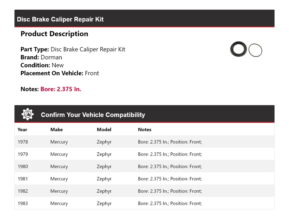 Kit de reparación de pinza de freno de disco delantera 1979 para Mercury Zephyr Dorman 1978-1983 Foto 2 de 4