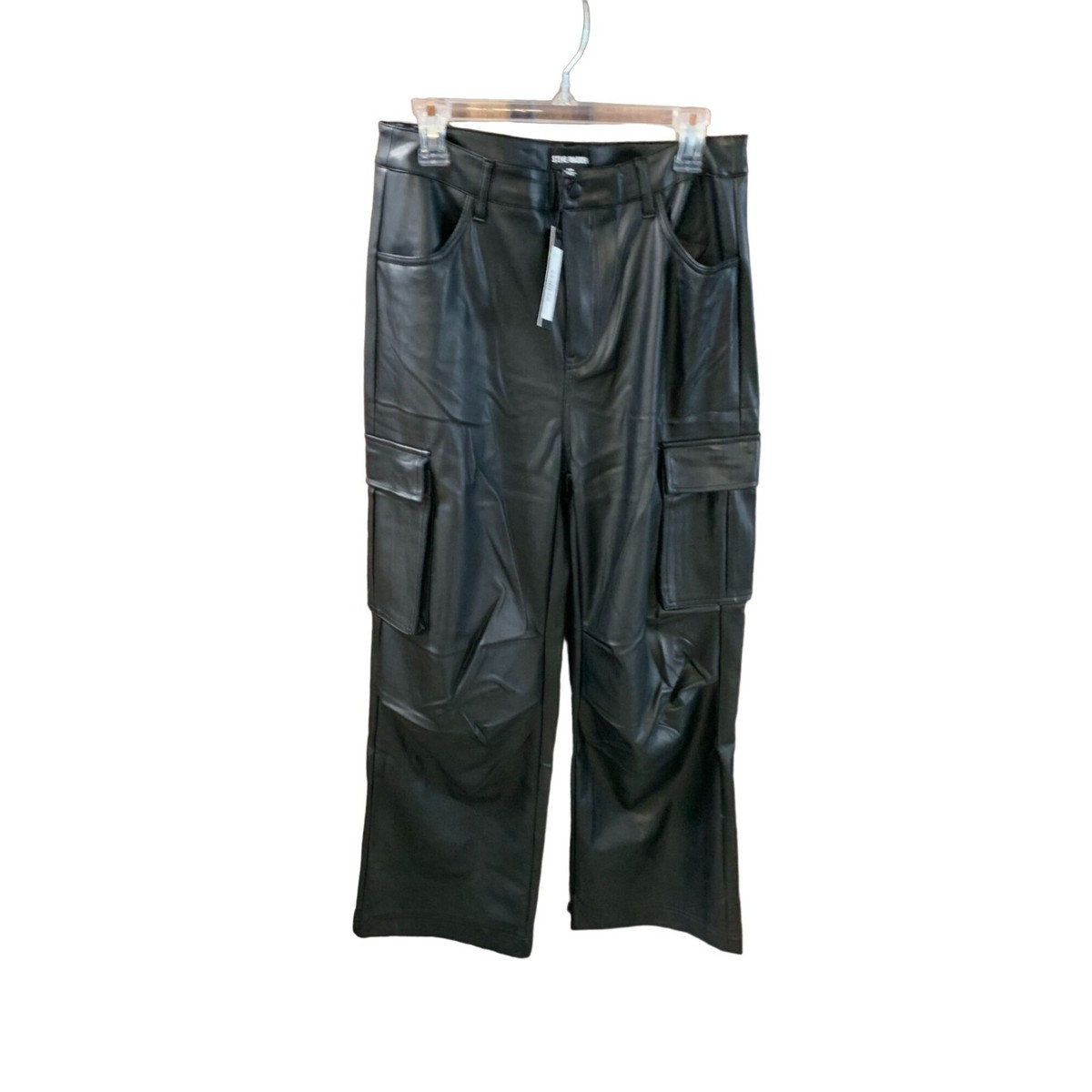 New Steve Madden Womens Size M Vegan Black Leather Cargo Pants