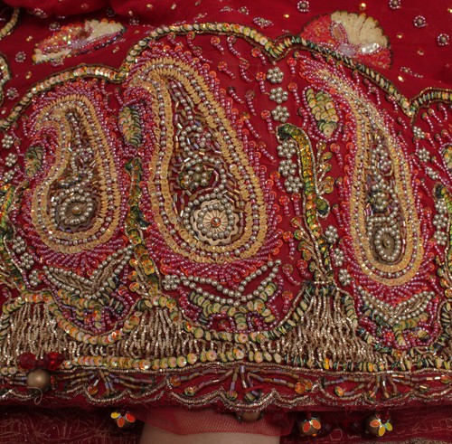 Sushila Vintage Red Heavy Dupatta Pure Georgette Silk Hand Beaded Long Stole - Picture 9 of 10