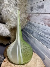 Unique Etched 16" Tall Art Glass Vase Sea Green White Textured Decorative