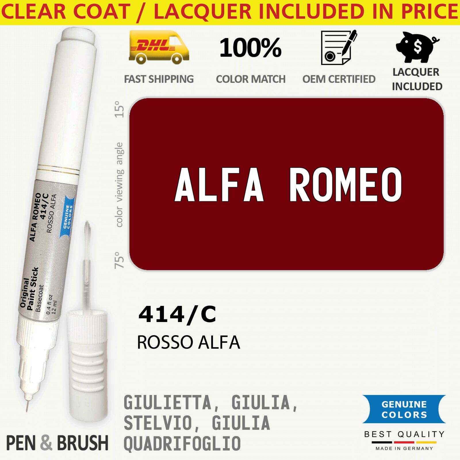 414/C Touch Up Paint for Alfa Romeo Maroon GIULIETTA GIULIA STELVIO QUADRIFOGLIO