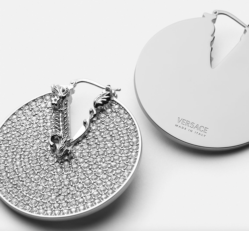 NIB Versace Virtus V Logo Baroque Crystal Silver Round Medallion Drop Earrings - Picture 9 of 24