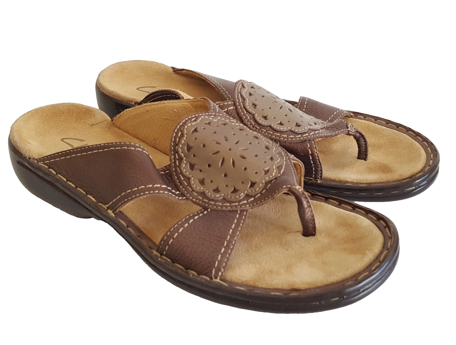 Sandali donna Clarks in pelle con medaglione taglia 9 slip on marroni made in Brasile