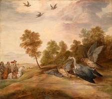 Surprised Oil painting animals birds Fighting in landscape with horsemen canvas
