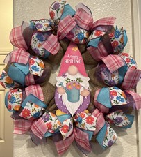 Farmhouse GNOME HAPPY SPRING WELCOME WREATH     BURLAP Deco Mesh SUPER CUTE 
