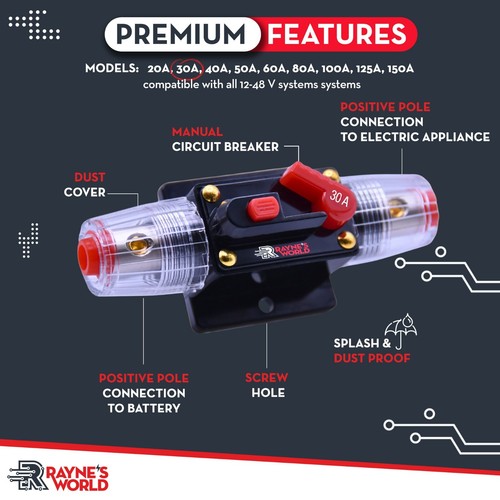 30 Amp Inline Waterproof Circuit Breaker Auto/Marine/Solar Manual Reset 12V-48V - Picture 2 of 7