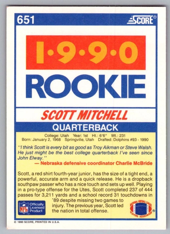 1990 Score Scott Mitchell Rookie Miami Dolphins #651 - Image 2 of 2
