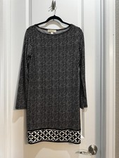 Michael Kors Black/White Check Dress Medium Boat Neck Long Sleeve Floral Hem