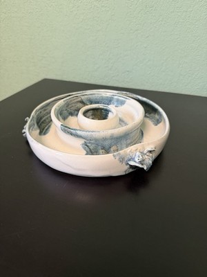 Vintage Handmade Studio, Art Candlestick Holder In White And Blue ￼
