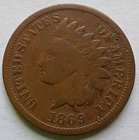 1869 Indian Head Cent VG Details, Semi Key Date Penny 1C coin