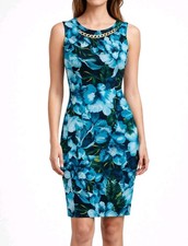Enfocus Studio Blue Tropical Floral Sheath Dress w/ Chain Neckline Cap Sleeve