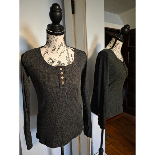 Charcoal Gray Ribbed Knit Henley Long Sleeve Top Button Cuff Scoop Neck Large
