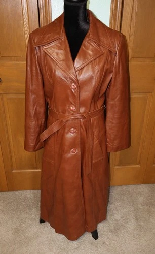 VTG Women's Leather Maxi Trench Coat w/ Belt TAILOR MADE M