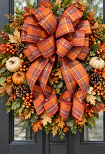 XL Handmade Sparkly Orange Purple Gold Plaid 12 x 22 in. Fall Wreath Bow Decor