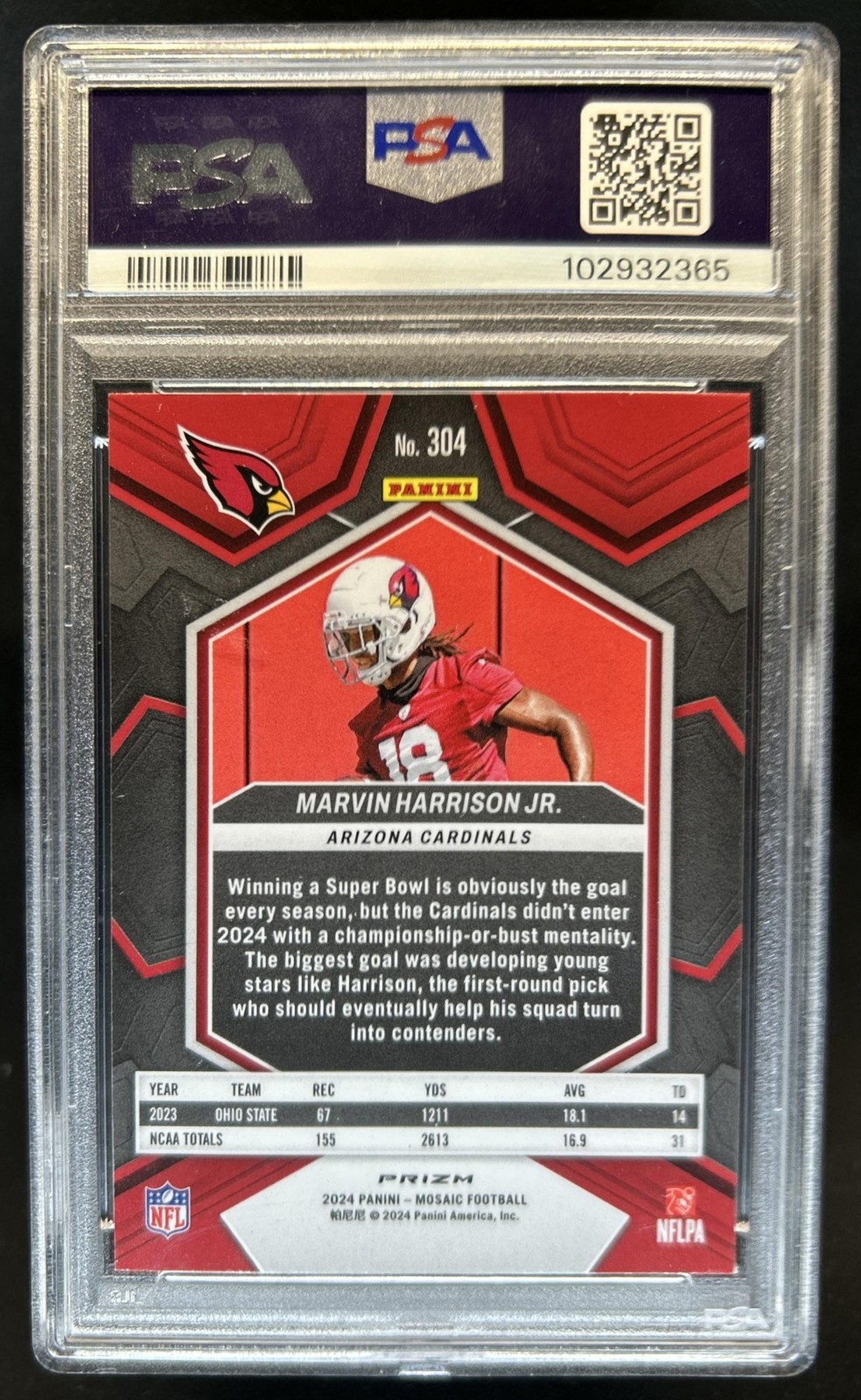 2024 Panini Mosaic Marvin Harrison Jr. SP Honeycomb Prizm Rookie RC #304 PSA 10 view 2