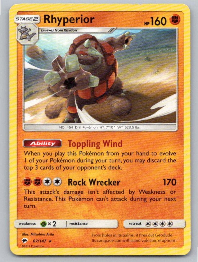 POKEMON RHYPERIOR (SM BURNING SHADOWS) DECK EXCLUSIVES 67/147 LP A80012 FREE S&H