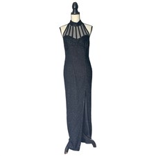 Vintage 90s Papell Boutique Black Silk Beaded Halter Sequin Gown 8 Black Tie