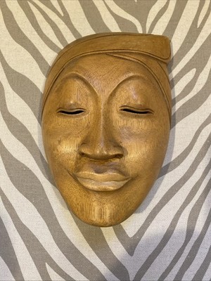 Hibiscus Wood Sculpture Face Beautiful Woman Mask Tribal(?) Hand Carved Wall Art
