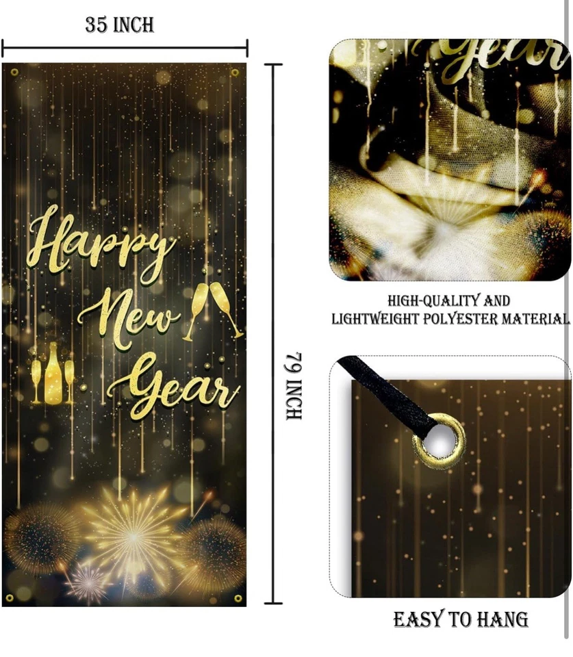 Feliz Año Nuevo Cubierta de Puerta Decoraciones Negro y Dorado Año Nuevo Suppies Cubierta de Puerta Foto 2 de 4