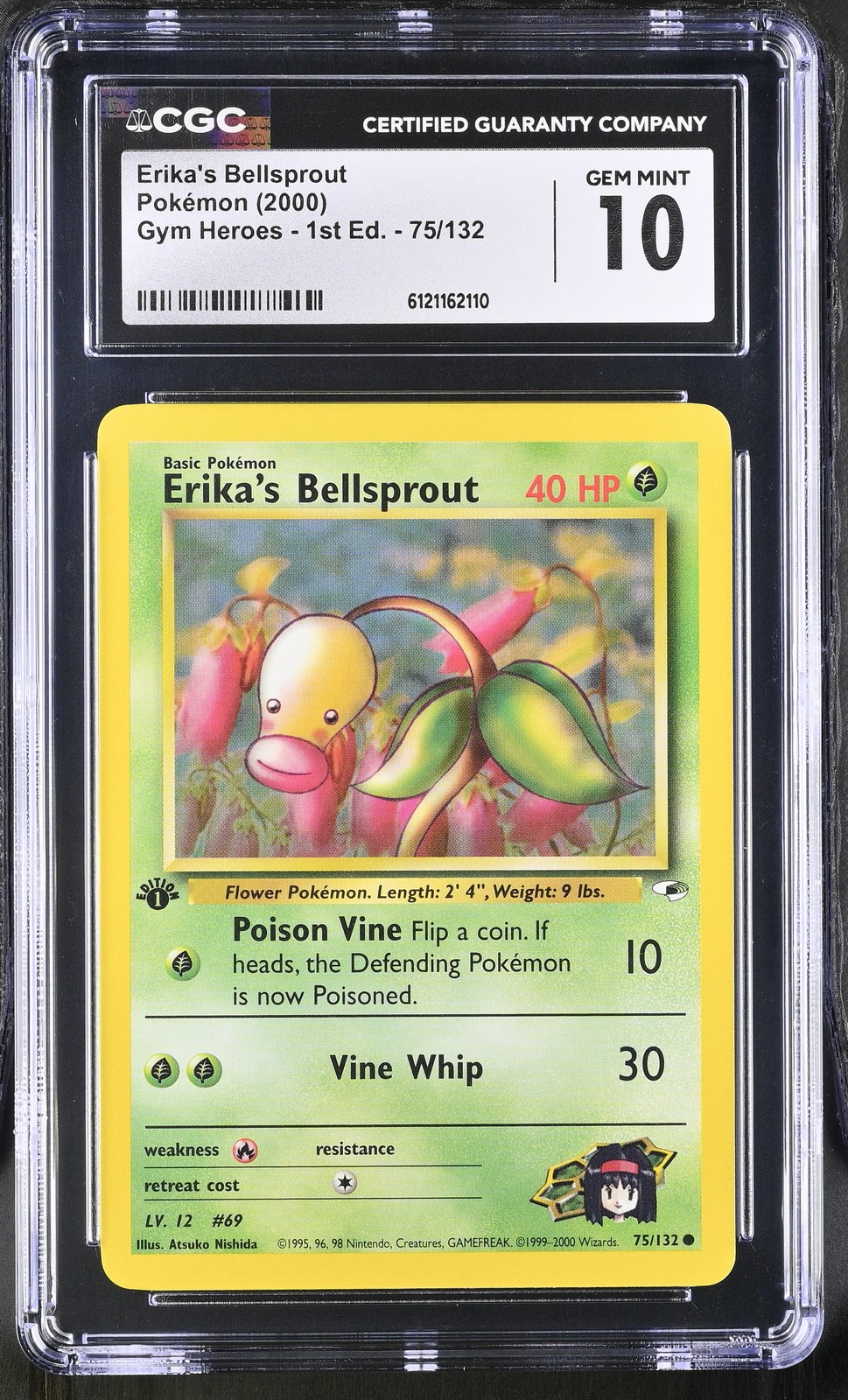 CGC 10 GEM MINT Erika's Bellsprout Gym Heroes 1st Edition 75/132 Pokemon Card