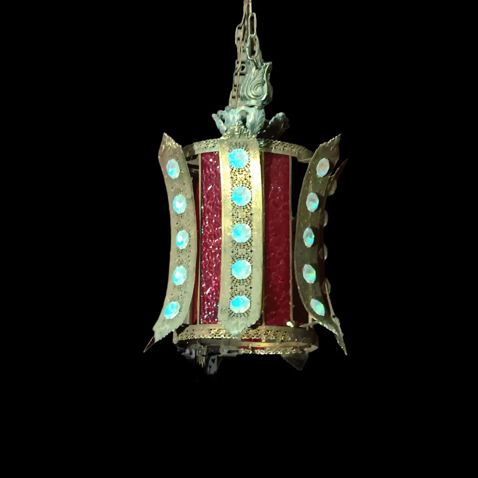 Vintage 1960's Hanging Swag Light Lamp Chandelier Iridescent Crystals - Image 2 of 3