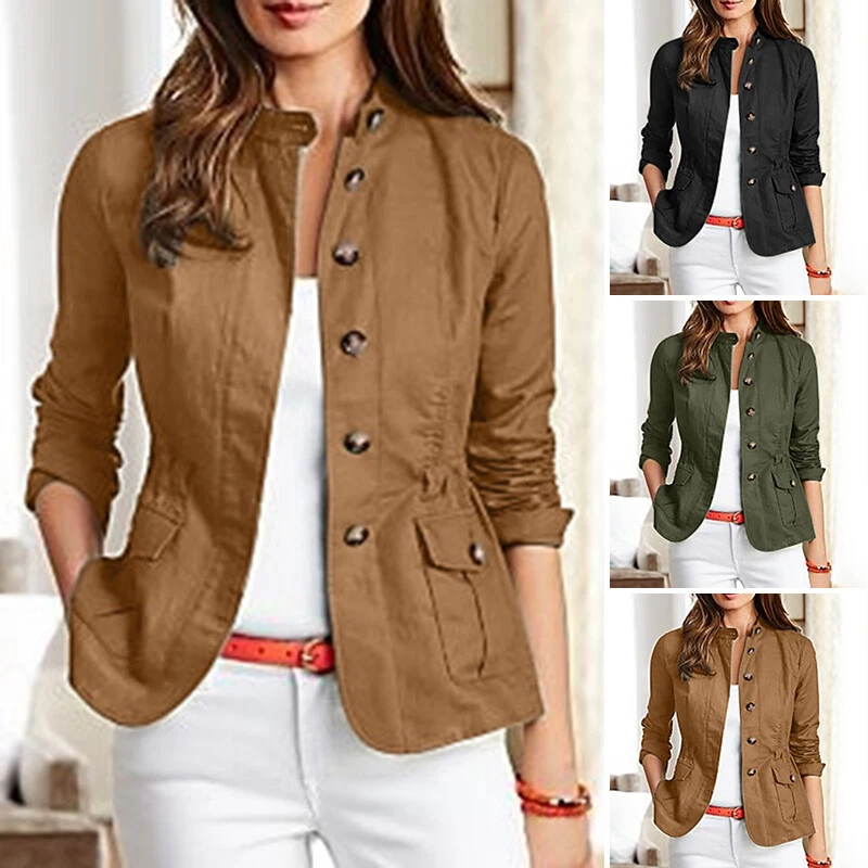 ZANZEA Mujeres Cuello Alto Botón Calce Ajustado Chaqueta Militar Abrigo Informal Blazer Foto 2 de 4