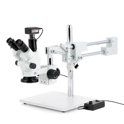 Amscope 7X-45X SimulFocal Boom Stereo Zoom Microscope+10MP Camera+LED Ring Light