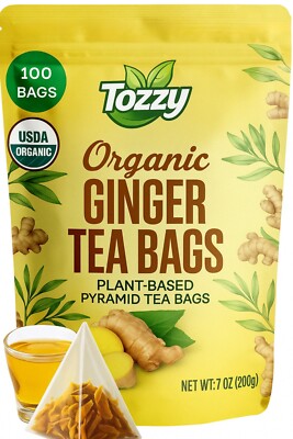 Organic Ginger Tea Bags - 100 Count (Plant-Based Pyramid Tea Bags)