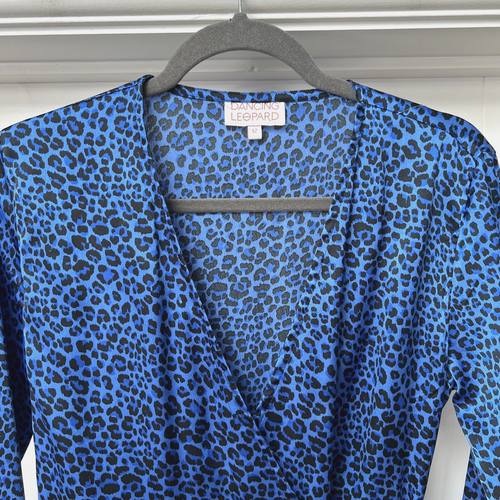 Dancing Leopard Dress Women's UK 12 Blue Black Long Sleeved Wrap Midi BNWT - Picture 3 of 15