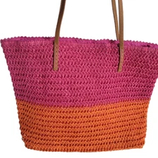 Pink & Orange Straw Shopper Beach Gym Tote Bag Handbag Purse Big Large Pool Zip
