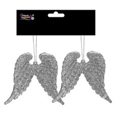Christmas 2 Pack Hanging Glitter Angel Wings Tree Decoration - Silver