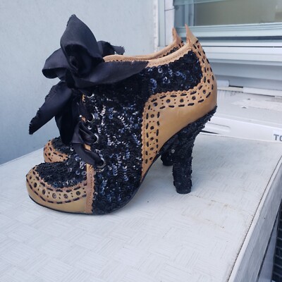 NEW Irregular Choice Sz 7 Abigail Party Tan Leather & Black Sequin Heels 