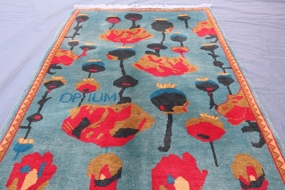 Ковер афганской войны из опийного мака 2x3 — шерстяной ковер ручной работы — сине-зеленое поле. - Изображение 3 из 4
